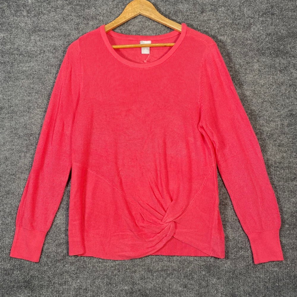 Chico's Sweater Womens 2 Large Pink Ribbed Front Knot Long Sleeve Crew Chic